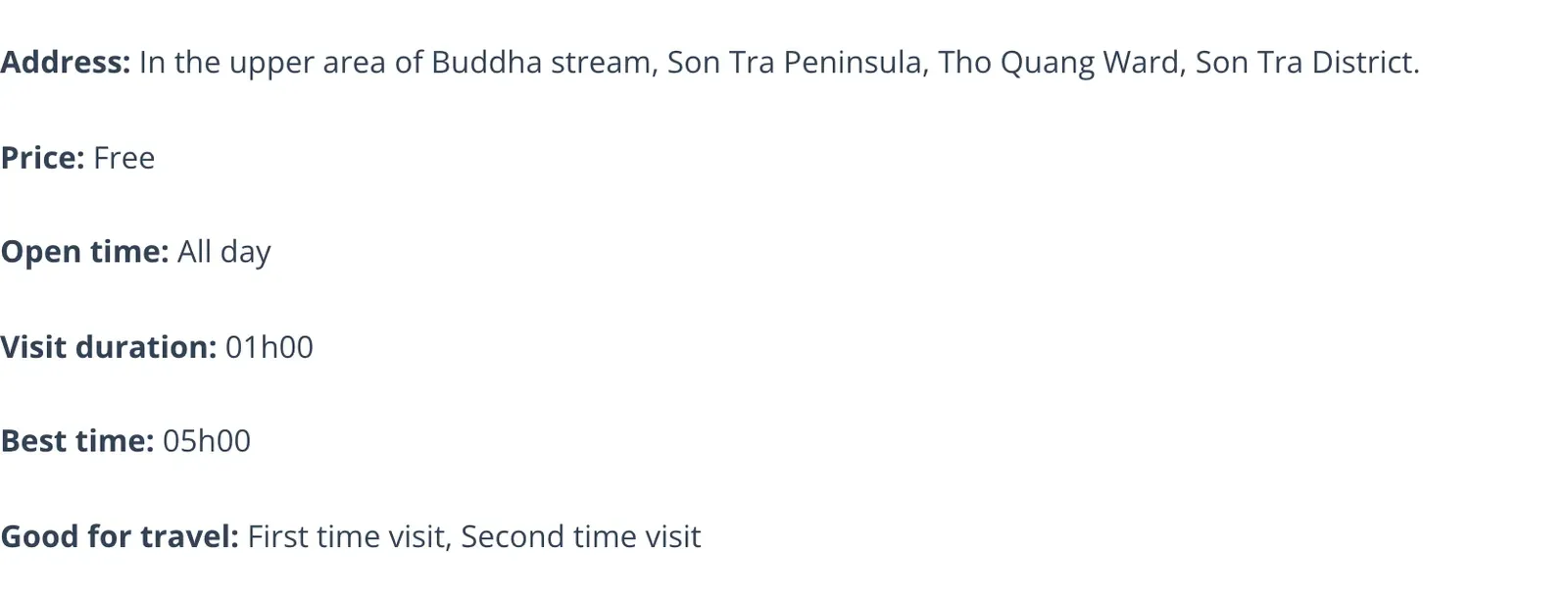 The Da Nang tourism portal's info block for Linh Ung Pagoda: address on Son Tra Peninsula, price free, open all day, with a suggested visit length and best time.