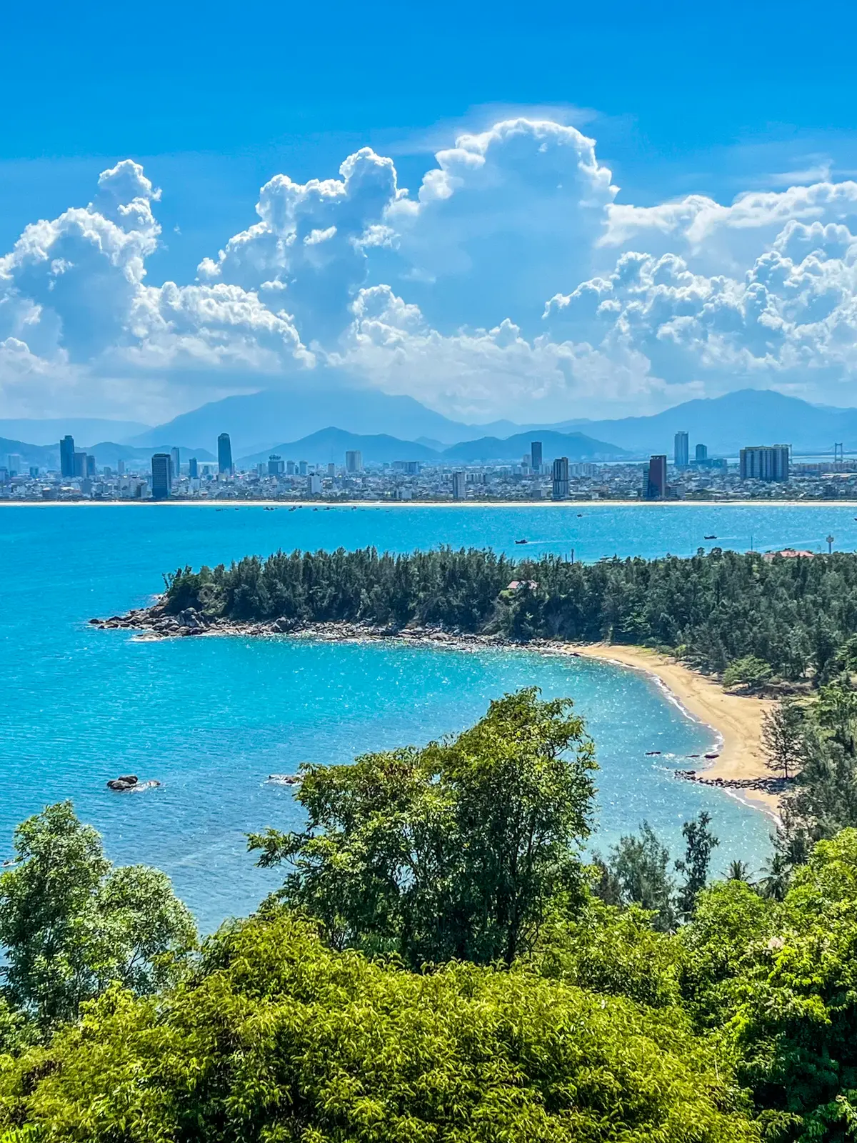 A forested headland and a curved sandy beach in turquoise water, with the city skyline and mountains across the bay.