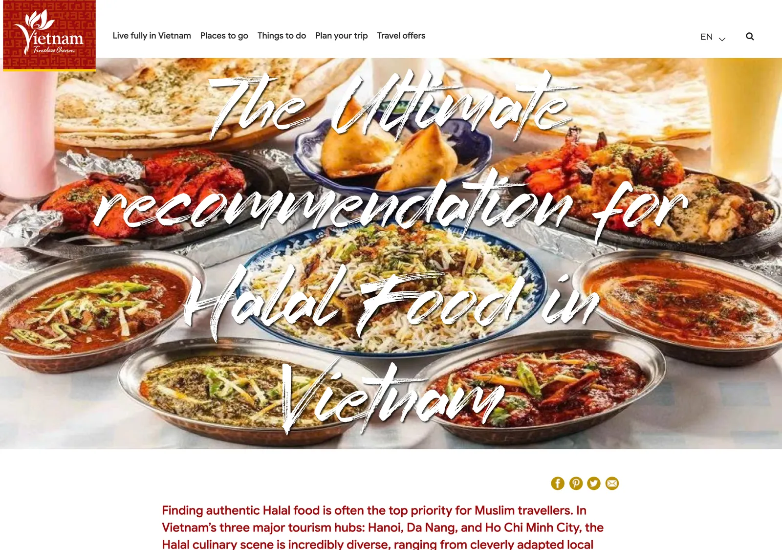 The Vietnam Tourism page on halal food in Vietnam, with its Da Nang section naming two Indian halal restaurants.