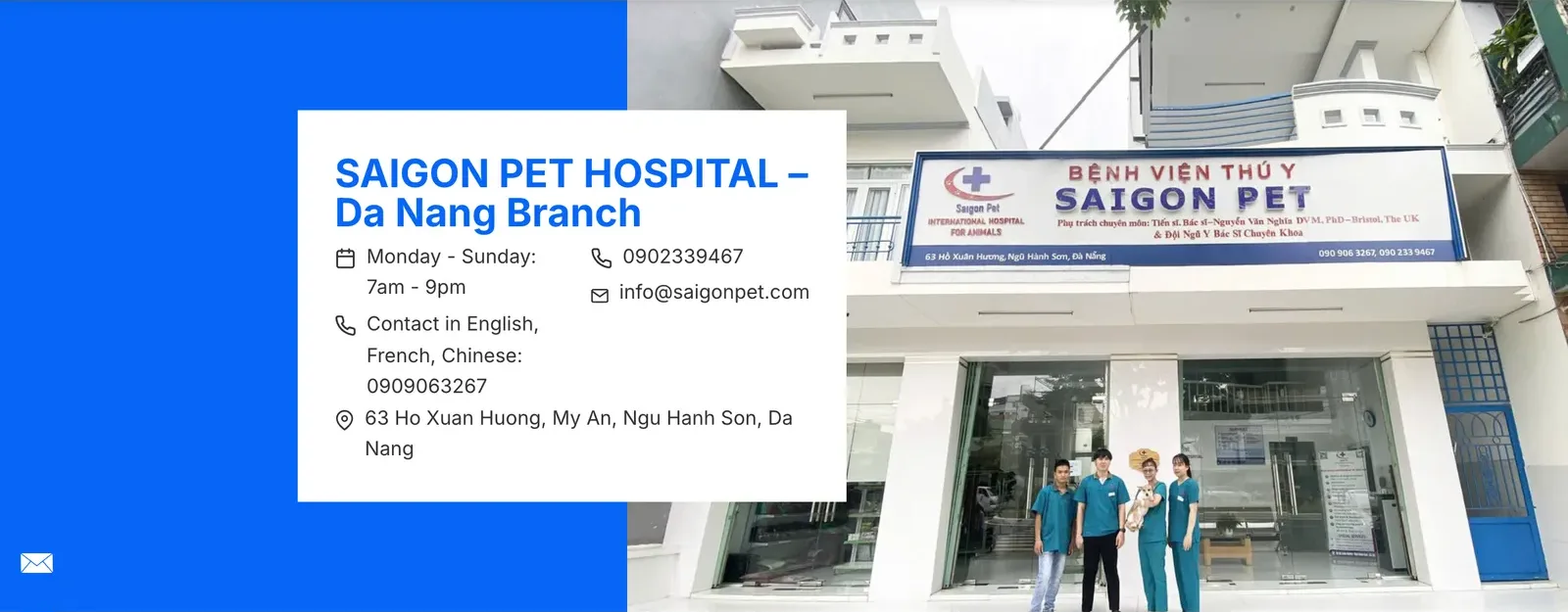 Saigon Pet Hospital's Da Nang branch page: Monday to Sunday 7am to 9pm, 63 Ho Xuan Huong, Ngu Hanh Son, with a contact line in English, French and Chinese, beside a photo of the clinic front.