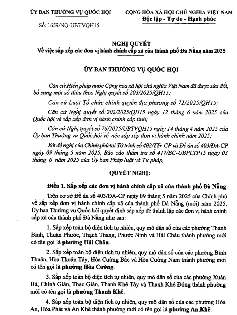 First page of the Standing Committee resolution on Da Nang's wards, listing the old wards that form Hai Chau, Hoa Cuong, Thanh Khe and An Khe wards.