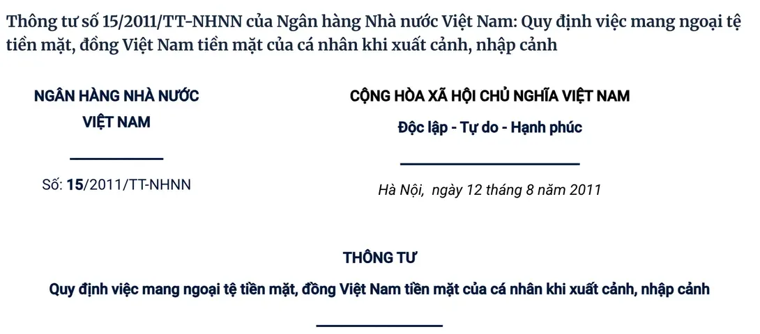 Government legal-documents portal showing the heading of the State Bank of Vietnam circular regulating the carrying of foreign-currency cash and Vietnamese-dong cash by individuals on exit and entry.