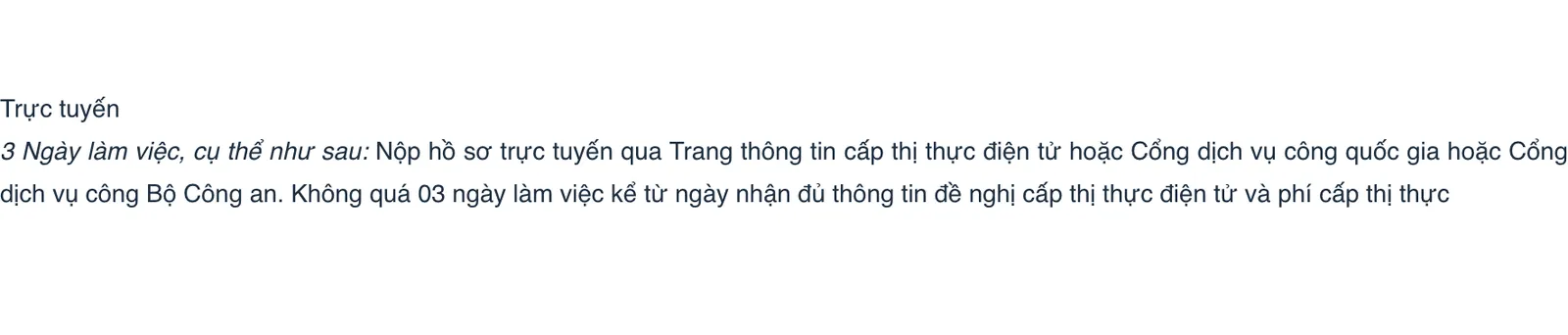 Screenshot of the processing-time panel of the e-visa procedure on the Ministry of Public Security's portal: 'Trực tuyến — 3 Ngày làm việc', filed online through the e-visa site or the national or ministry public service portal, no more than 03 working days from receipt of complete information and the visa fee.