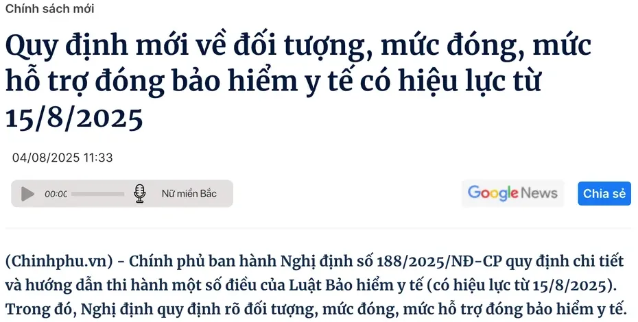 Government policy portal article on Decree 188/2025/NĐ-CP, which sets out who joins health insurance, contribution levels and contribution support.