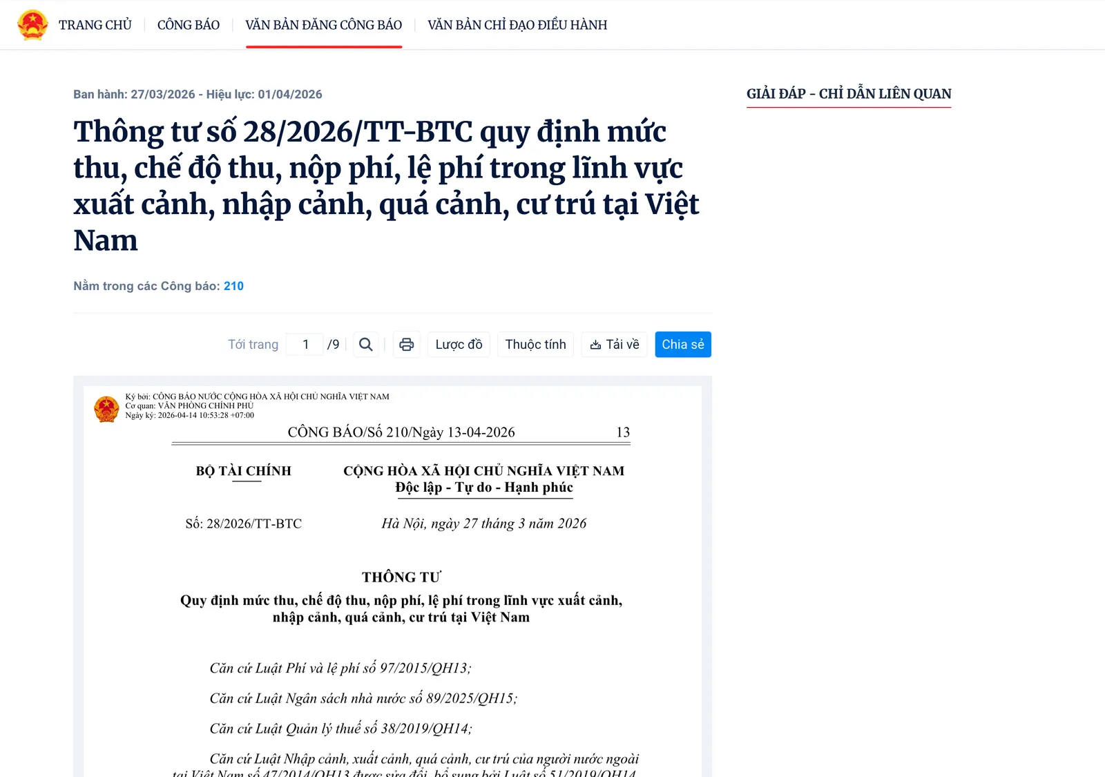 Screenshot of the Official Gazette listing page for Circular 28/2026/TT-BTC, showing 'Ban hành: 27/03/2026 - Hiệu lực: 01/04/2026' above the title, and beneath it a scanned image of the circular's page 1: the Ministry of Finance letterhead, the number 28/2026/TT-BTC, and 'Hà Nội, ngày 27 tháng 3 năm 2026', followed by the opening list of laws the circular is issued under. No fee figures are visible on this page.