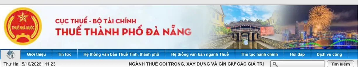Header of the Da Nang city tax authority's website, titled 'Thue thanh pho Da Nang', with its menu bar.