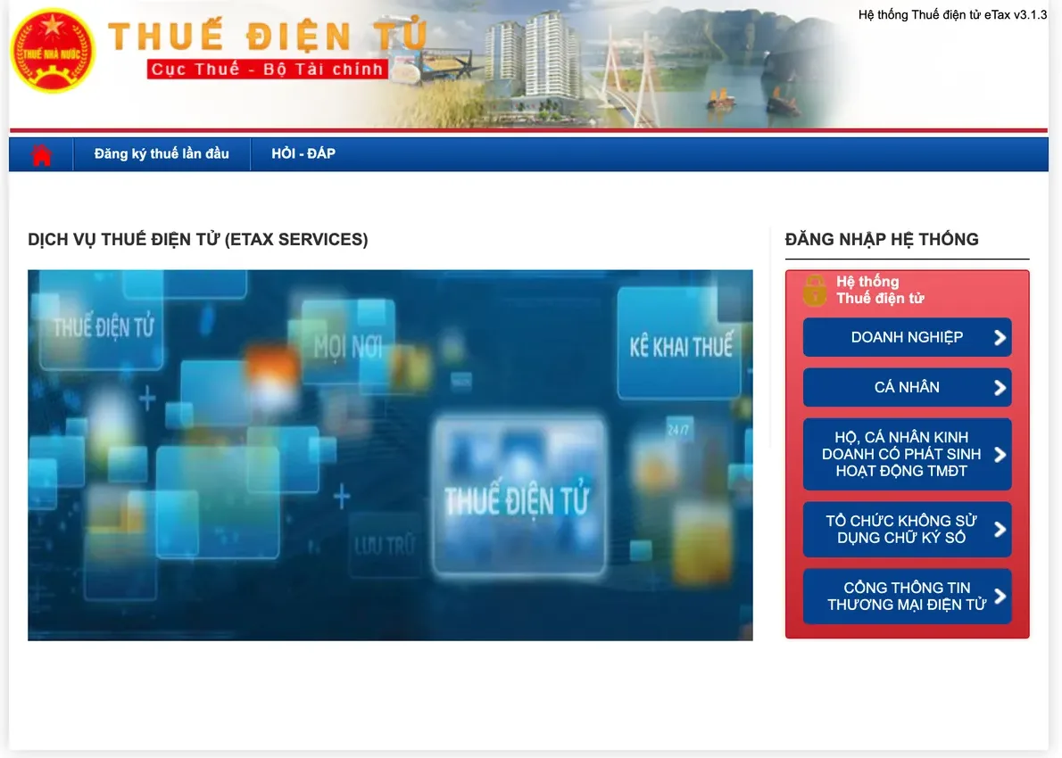 Home page of the General Department of Taxation's e-tax portal, with login buttons for businesses, individuals and other taxpayer groups.