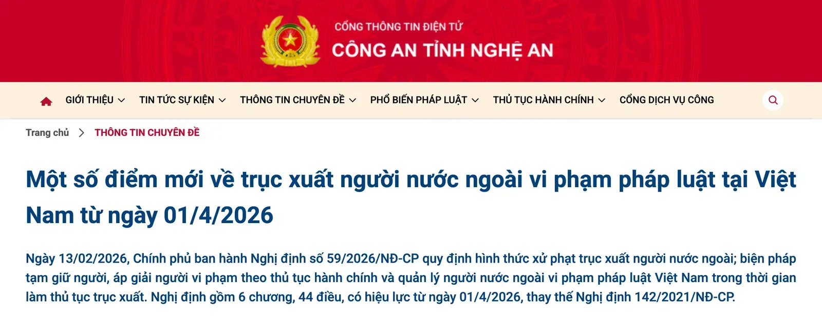 Nghệ An provincial police website article headed 'Một số điểm mới về trục xuất người nước ngoài vi phạm pháp luật tại Việt Nam', summarising Decree 59/2026/NĐ-CP on deporting foreigners and noting it replaces Decree 142/2021/NĐ-CP