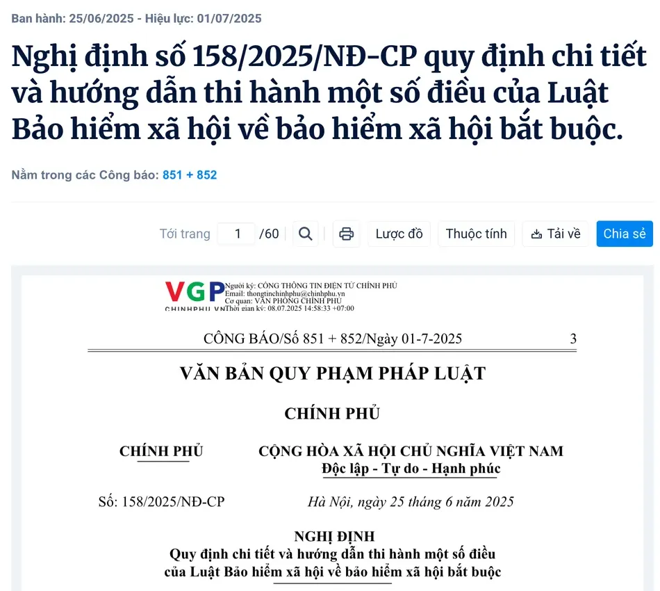 The Government's Official Gazette page for Decree 158/2025/NĐ-CP, showing its Vietnamese title on detailing the Law on Social Insurance for compulsory social insurance, and the first page of the signed decree.