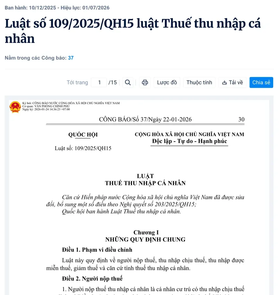 Official Gazette web page for Law 109/2025/QH15, 'Luật Thuế thu nhập cá nhân' (Law on Personal Income Tax), showing the issue and effective dates and the first page of the law with Chapter I, Article 1 (scope) and Article 2 (taxpayers)