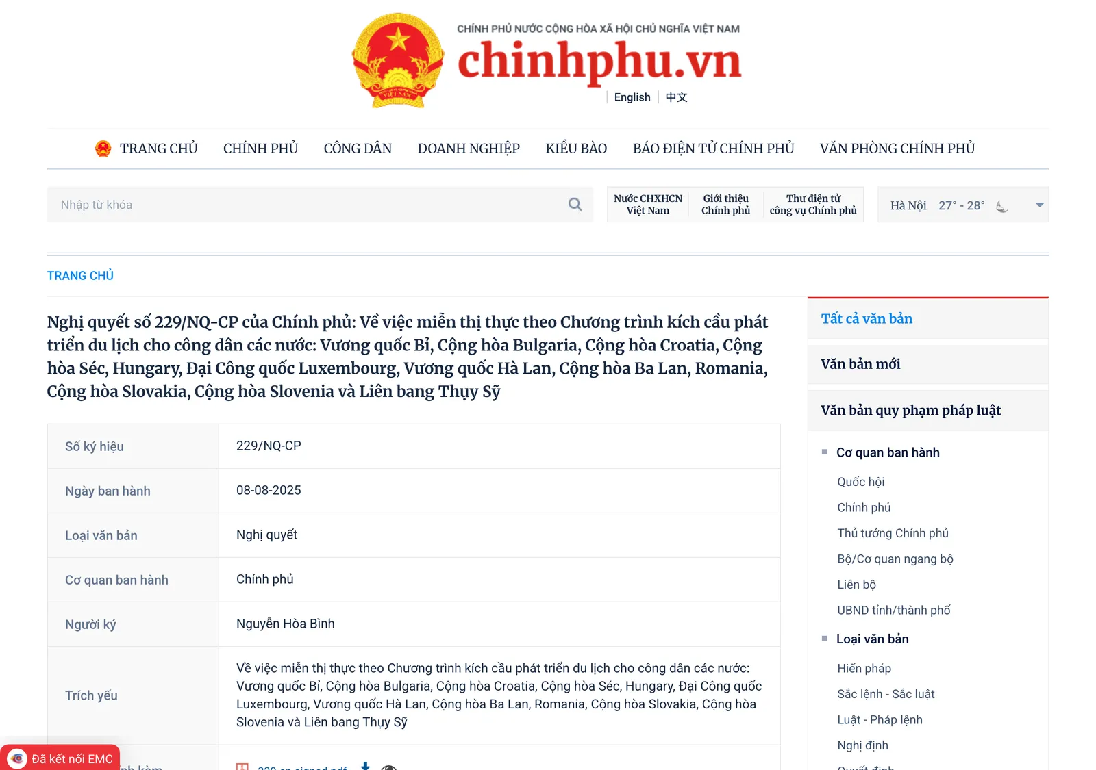 Screenshot of the government legal documents portal page for Resolution 229/NQ-CP, issued 08-08-2025 by the Government and signed by Nguyễn Hòa Bình, on visa exemption under the tourism stimulus programme for citizens of Belgium, Bulgaria, Croatia, the Czech Republic, Hungary, Luxembourg, the Netherlands, Poland, Romania, Slovakia, Slovenia and Switzerland.
