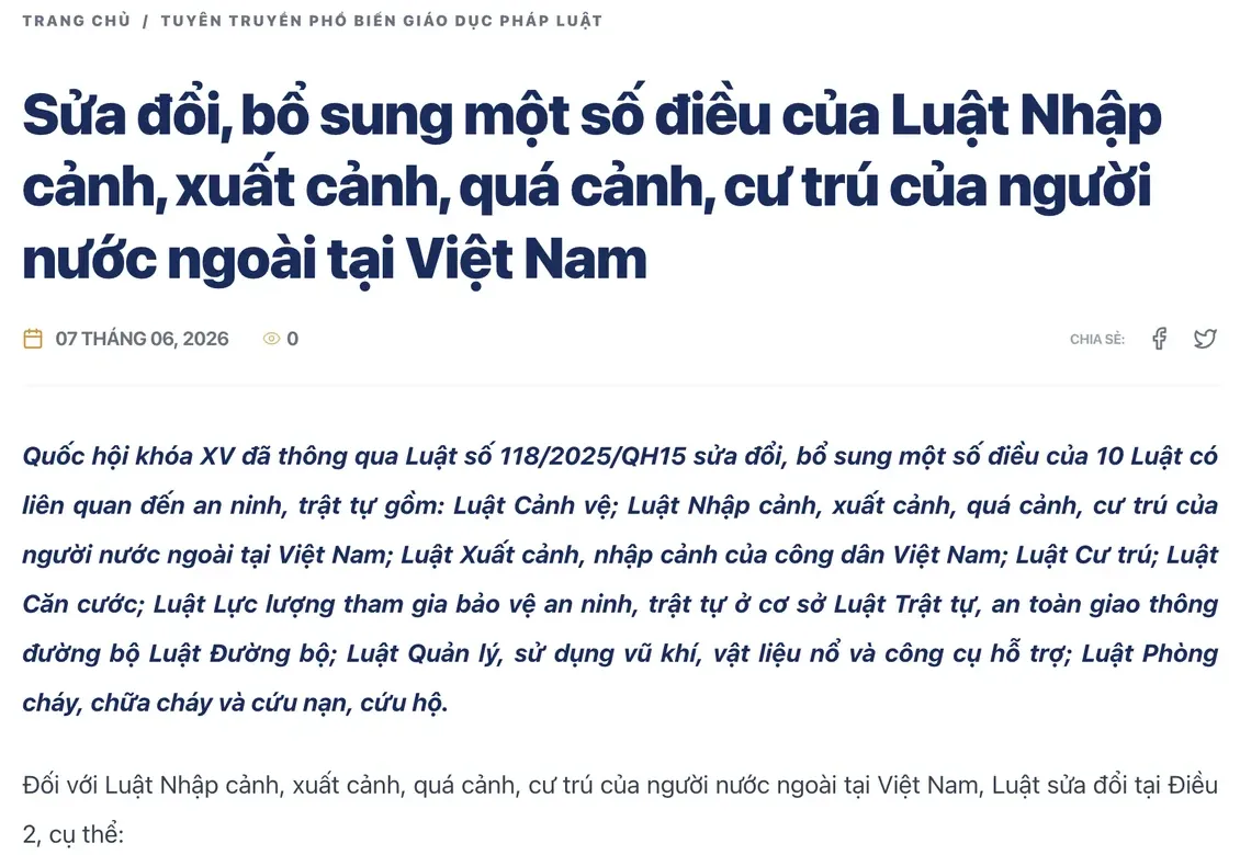People's Police University web page headed 'Sửa đổi, bổ sung một số điều của Luật Nhập cảnh, xuất cảnh, quá cảnh, cư trú của người nước ngoài tại Việt Nam', introducing the amendments made by Law 118/2025/QH15.