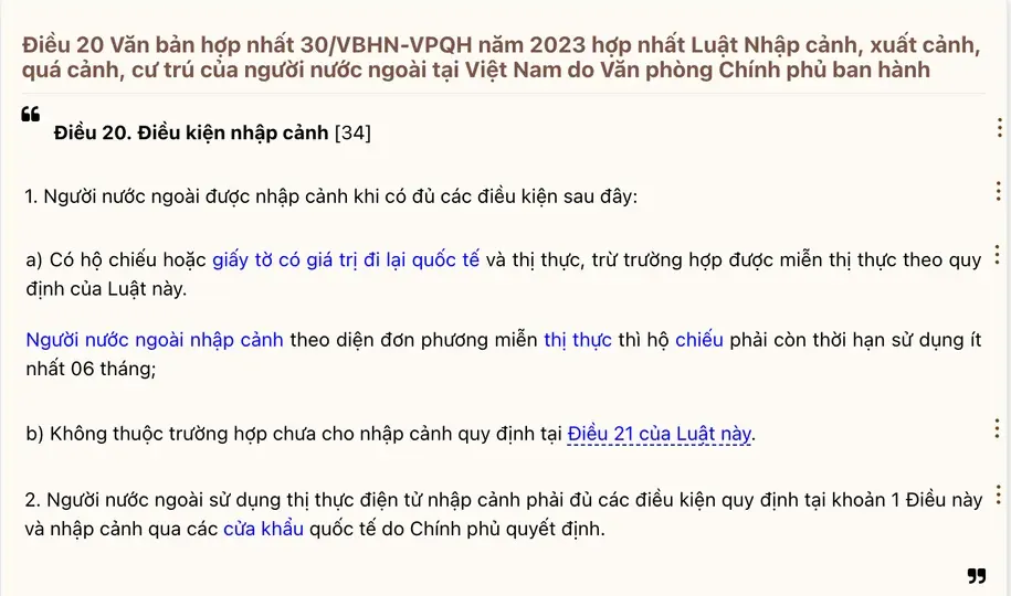 Vietnamese text of Article 20, 'Điều kiện nhập cảnh' (entry conditions), from the consolidated Law on Entry, Exit, Transit and Residence of Foreigners, clauses 1 and 2 visible; clause 1 lists a passport with visa or exemption, a passport-validity rule for unilateral-exemption entrants, and not falling under Article 21