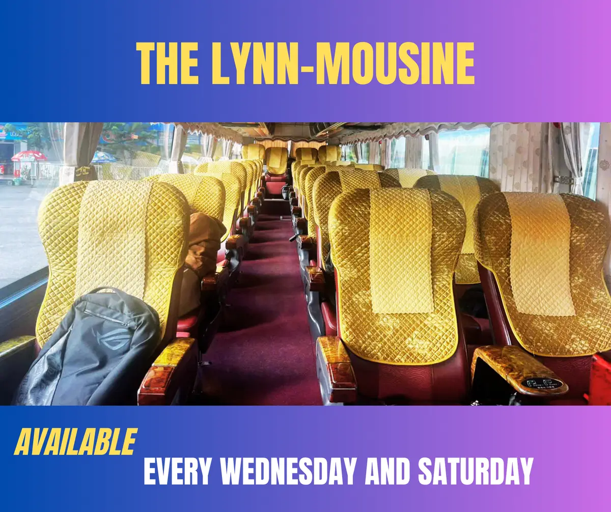 리무진 버스 안의 노란색과 자주색 좌석 줄. 위쪽에 보라색 현수막이 있고 The Lynn-Mousine이라고 적혀 있어요.